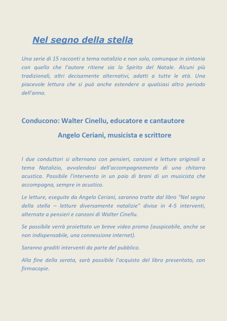 Walter Cinellu musicista e cantautore ospite del reading Nel segno della stella