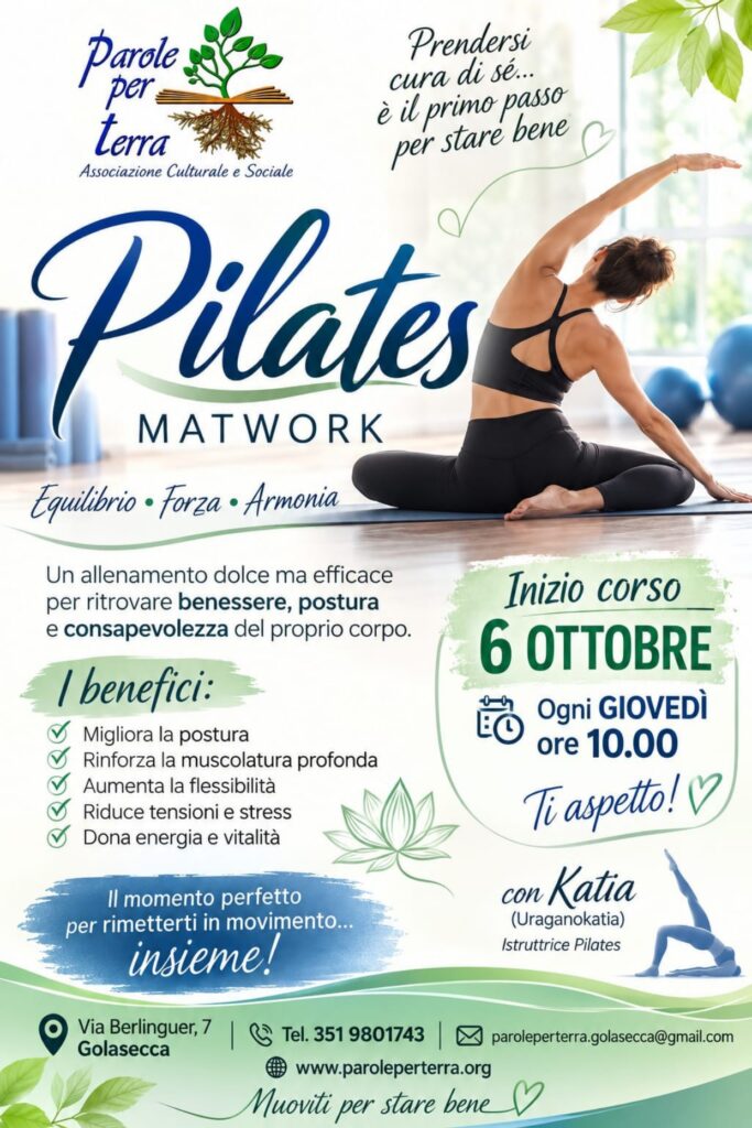Volantino promozionale del corso di pilates a Golasecca organizzato dall'Associazione Culturale Parole per terra.